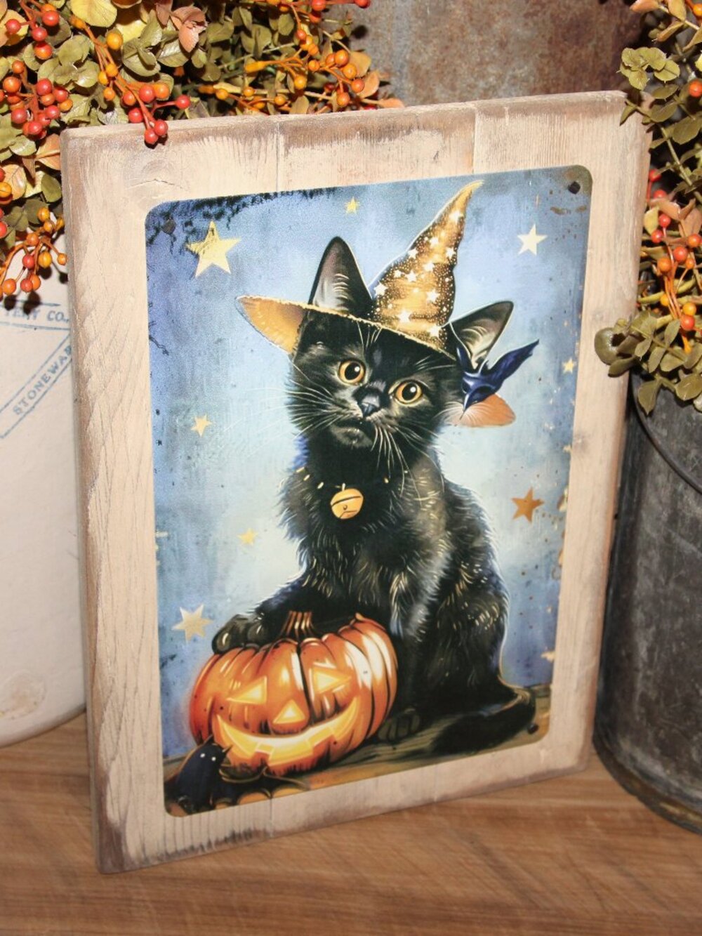 Rustic Black Cat in Witch Hat on Jack-O'-Lantern Farmhouse Halloween Wall Decor